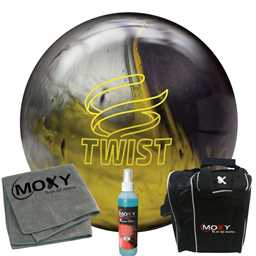 Brunswick Twist Black/Gold/Silver Bowling Ball  | Moxy Strike Black Bowling Bag | Moxy Gray Micro Fiber Towel | Moxy Xtreme Power Cleaner Package