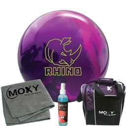 Brunswick Rhino Magenta/Purple/Navy Pearl Bowling Ball  | Moxy Strike Purple Bowling Bag | Moxy Grey Micro Fiber Towel | Moxy Xtreme Power Cleaner Package