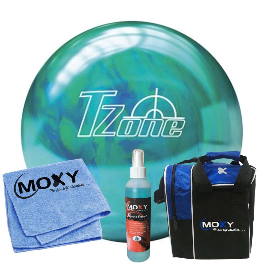 Brunswick T-Zone Caribbean Blue Bowling Ball  | Moxy Strike Royal Bowling Bag | Moxy Blue Micro Fiber Towel | Moxy Xtreme Power Cleaner Package