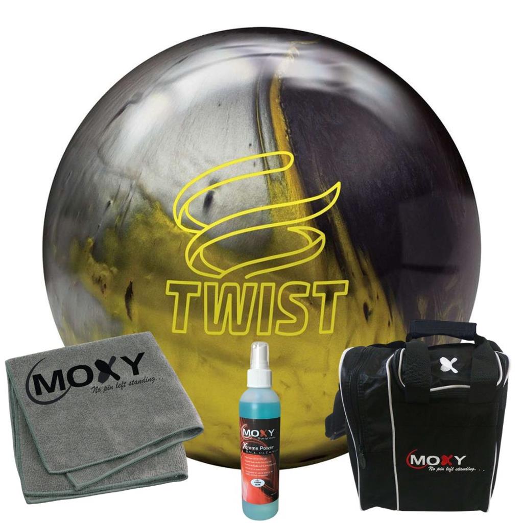 Brunswick Twist Black/Gold/Silver Bowling Ball  | Moxy Strike Black Bowling Bag | Moxy Gray Micro Fiber Towel | Moxy Xtreme Power Cleaner Package 