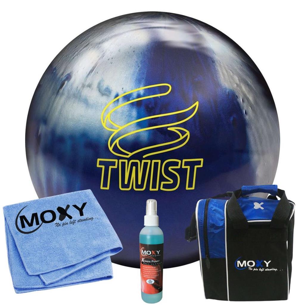 Brunswick Twist Blue/Silver Bowling Ball  | Moxy Strike Royal Bowling Bag | Moxy Blue Micro Fiber Towel | Moxy Xtreme Power Cleaner Package 